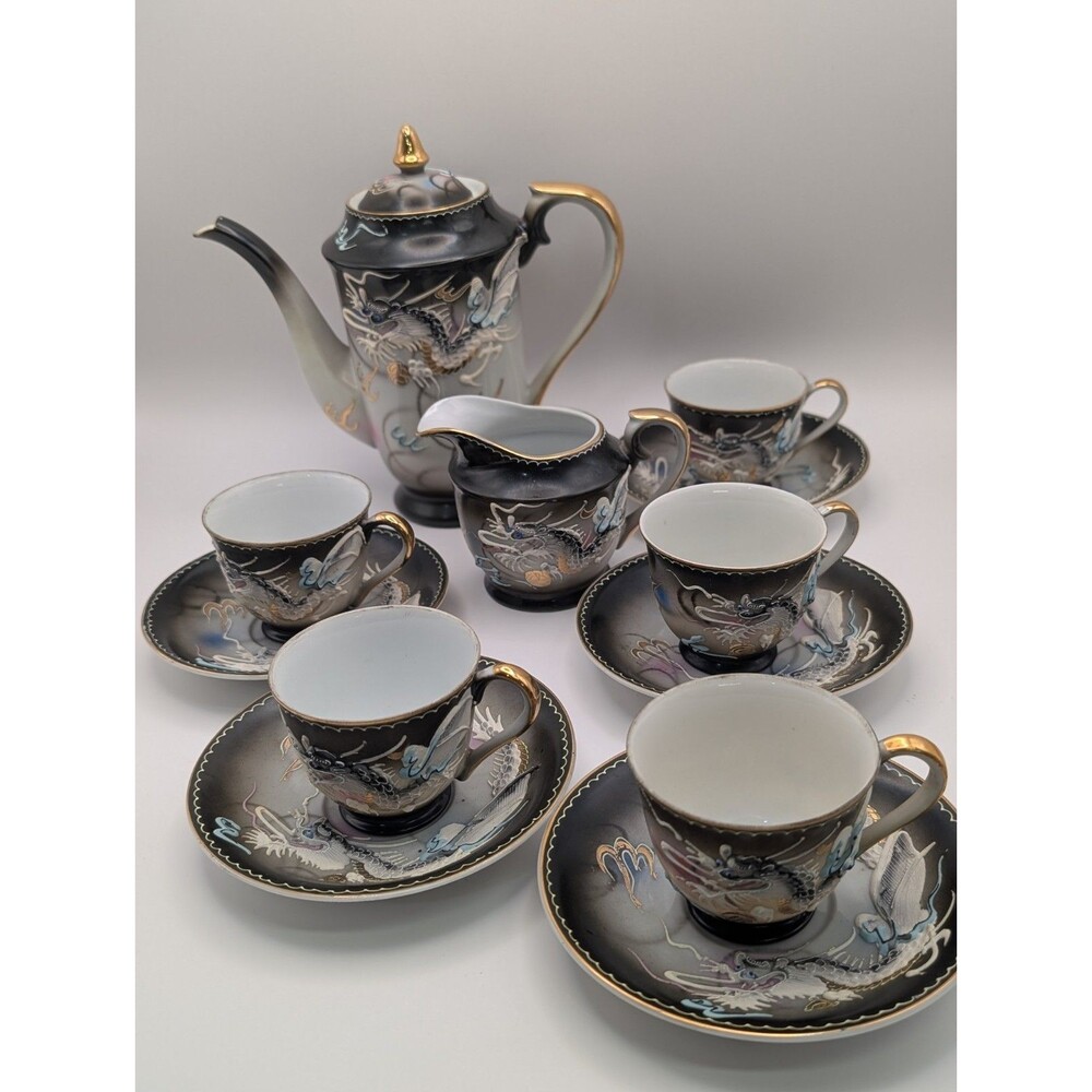 Vtg Japanese Blue Eyed Dragon Ware Tea Set Demitasse Moriage Hand Painted 12 Pc